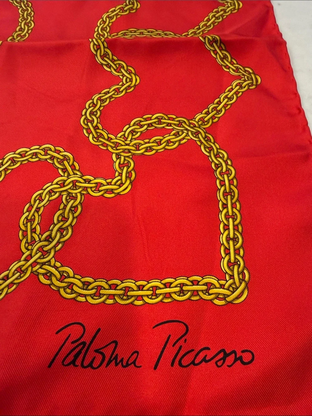 Vintage Paloma Picasso silk‎ scarf Red with Gold Chain Hearts